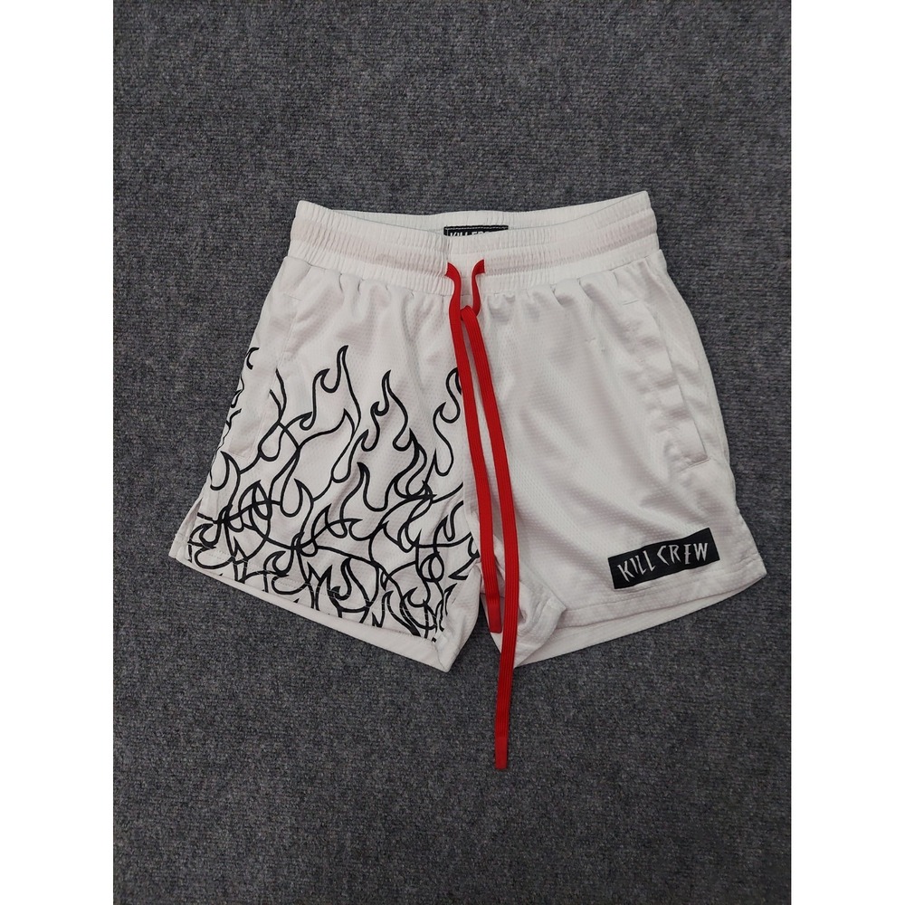 Kill Crew Shorts Mens Small White Black Red Flames Athletic Drawstring Mesh